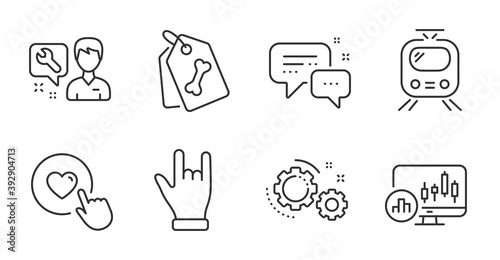 Repairman, Like button and Candlestick chart line icons set. Train, Pet tags and Gears signs. Horns hand, Employees messenger symbols. Repair service, Press love, Report analysis. Vector