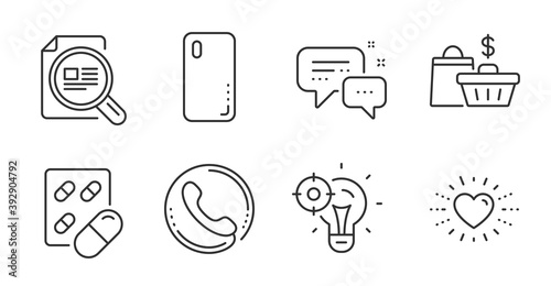 Check article, Smartphone cover and Seo idea line icons set. Sale bags, Capsule pill and Call center signs. Heart, Employees messenger symbols. Magnifying glass, Phone, Performance. Vector