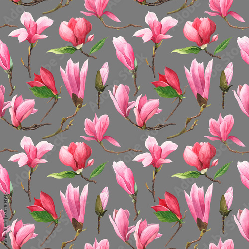 Seamless pattern with magnolia flowers. Watercolor illustration. Isolated elements on a gray background.
