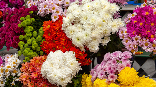 Colourful bouquet of blooming flowers in outdoor market  Tbilisi