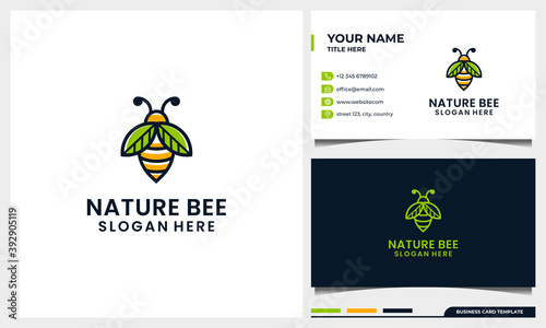 honey bee logo design template with nature wing leaf  line art concept and business card template