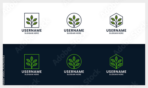 set of Simple tree logo design template with leaf line art style