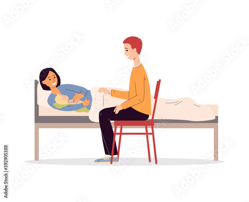 Fototapeta Naklejka Na Ścianę i Meble -  Careful parents and newborn after childbirth, flat vector illustration isolated.