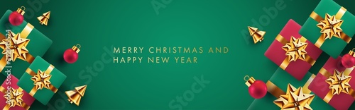 Xmas modern design in gold, green and red colors with 3d realistic gift boxes, golden conical Christmas tree, red balls on green background. Christmas greeting card, poster, holiday cover, web banner
