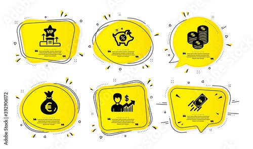 Piggy sale, Business growth and Coins icons simple set. Yellow speech bubbles with dotwork effect. Money bag, Vip podium and Fast payment signs. Discounts, Earnings results, Cash money. Vector