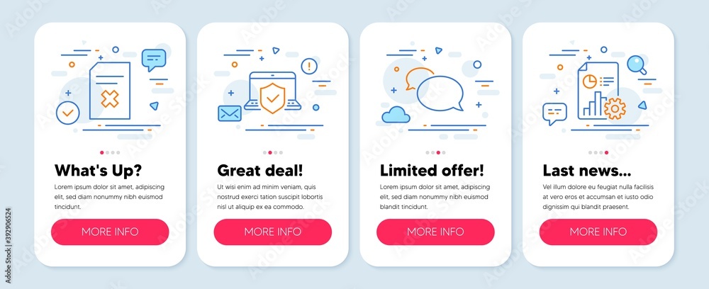 Set of Technology icons, such as Messenger, Delete file, Laptop insurance symbols. Mobile app mockup banners. Report line icons. Speech bubble, Remove document, Full coverage. Vector