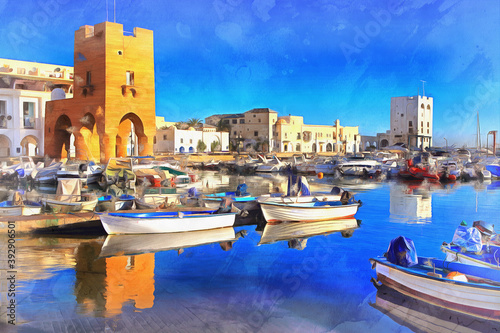 View on bay with boats colorful painting looks like picture