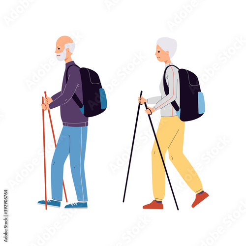 Senior couple scandinavian walk activity, flat vector illustration isolated.