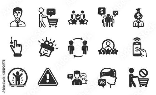 Businessman person, Phone payment and Augmented reality icons simple set. Manager, Workflow and Teamwork signs. Buyer think, Stop shopping and People talking symbols. Flat icons set. Vector