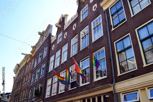 LGBT  flags on a building facade in Amsterdam  The Netherlands.