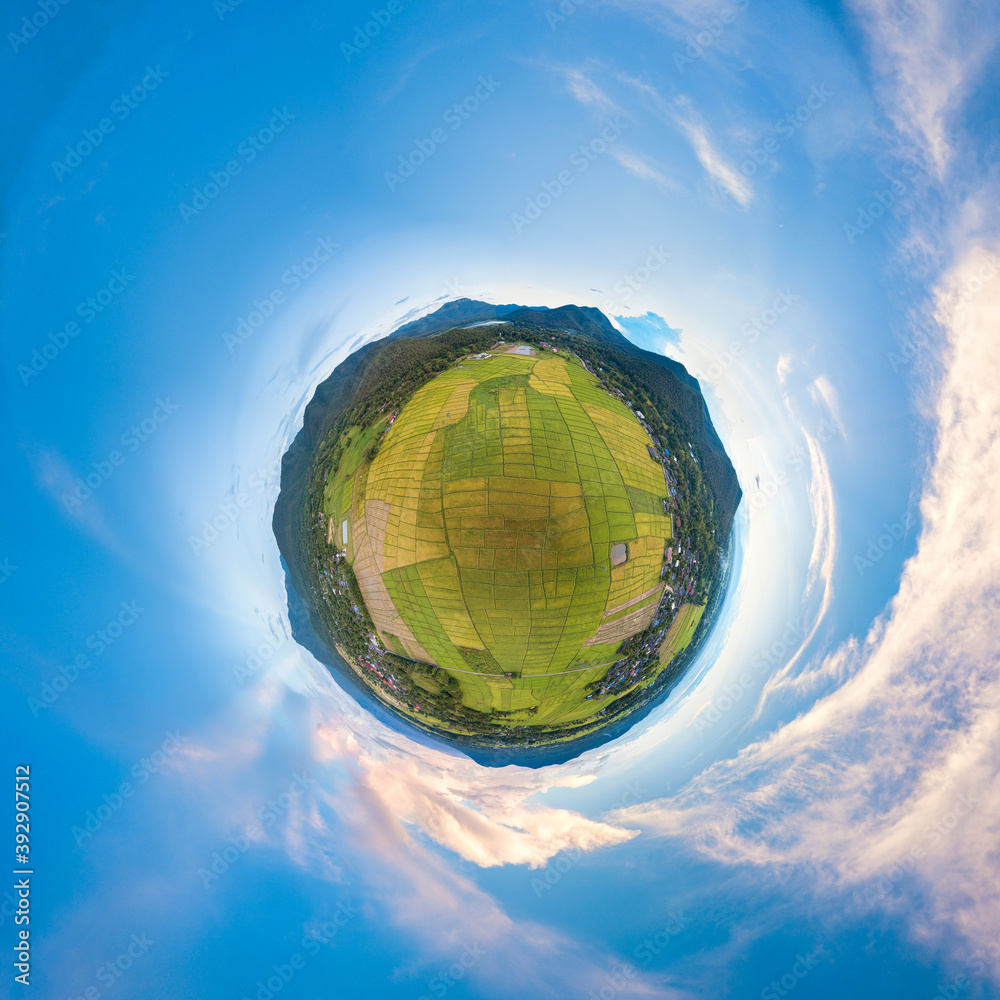 Fototapeta premium Aerial View Above Rural Rice Fields (360 Degree Planet Spherical)