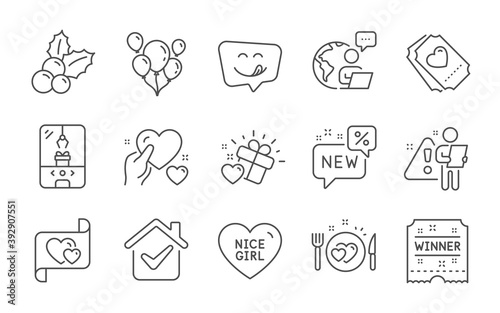 Nice girl, Hold heart and Love letter line icons set. Love gift, Winner ticket and Romantic dinner signs. Crane claw machine, Christmas holly and Balloons symbols. New, Yummy smile. Vector