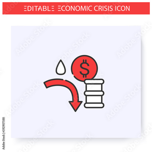 Oil price collapse line icon. Oil price falls and moves to zero. Downfall arrow and oil barrel. Economical crash, global financial and economic downturn. Isolated vector illustration.Editable stroke 