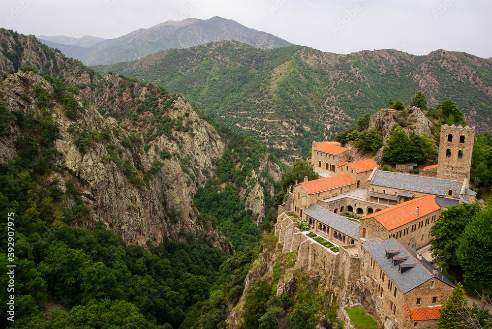 Bird's-eye view of the Abbaye Saint Martin de Canigou in the French Pyrenees. Abbaye on the right side