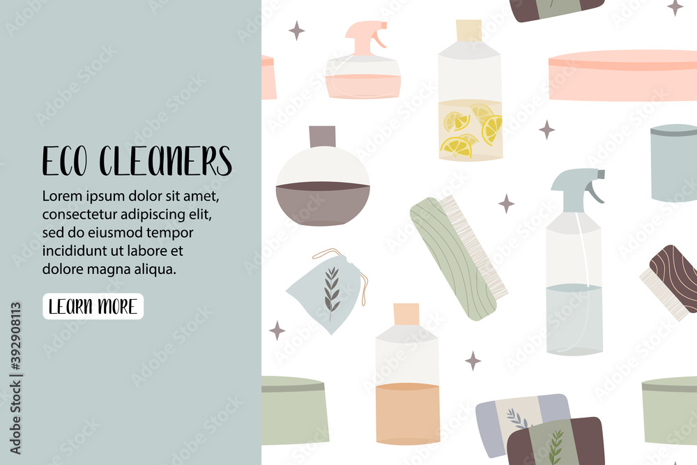 Natural household cleaners: soda, vinegar, lemon, laundry soap. Eco friendly detergents, chemical free. Zero waste lifestyle. Green home concept. Vector flat cartoon illustration, landing page, banner Natural household cleaners: soda, vinegar, lemon, laundry soap. Eco friendly detergents, chemical free. Zero waste lifestyle. Green home concept. Vector flat cartoon illustration, landing page, banner