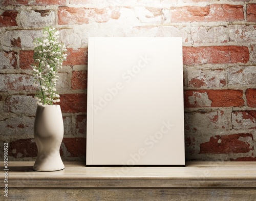 The book with a white cover for presentation and advertising. Old brick wall. 3D rendering.