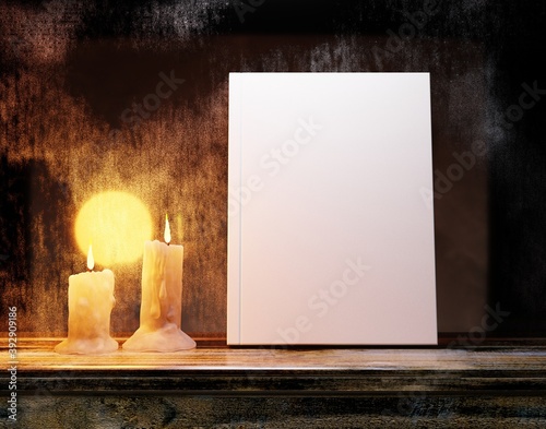 The book with a white cover for presentation and advertising. Dark background and candles. 3D rendering.