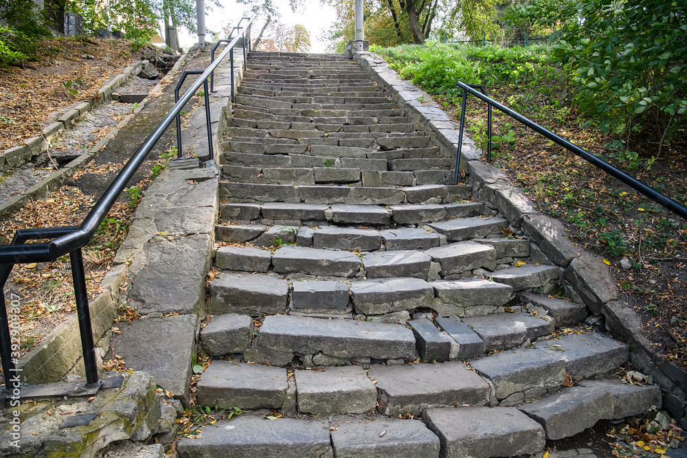 The famous stone stairs to the Southern Bug in old park in Vinnytsia, Ukraine. September 2020