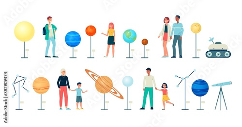 Planetarium astronomy icons of people and exhibits vector illustration isolated.