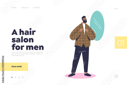 Hair salon for man landing page with hipster guy looking in mirror after haircut