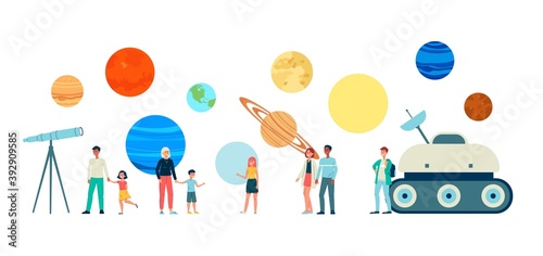 A set of vector isolated characters of people visiting the planetarium