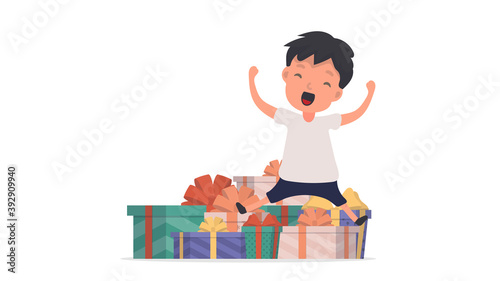 A happy child and a lot of gifts. Happy little boy and a bunch of gift boxes. Isolated. Vector.