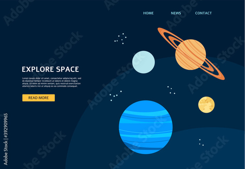 Space galaxy banner for astronomy website, cartoon planets on dark sky
