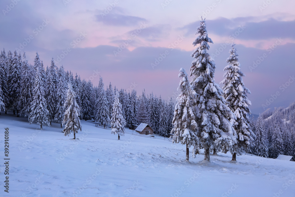 Obraz premium Winter scenery. Awesome sunrise. Old wooden hut on the lawn covered with snow. Landscape of high mountains and forests. Wallpaper background. Location place Carpathian, Ukraine, Europe.