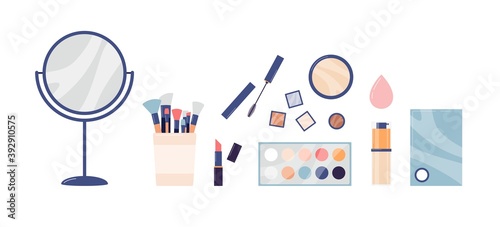 Kit of cosmetic products and tools for makeup flat vector illustration isolated.