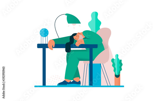 Tired overworked doctor or nurses sleeping at the table. Exhausted Healthcare worker. Coronavirus pandemic, Covid-19 quarantine.