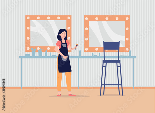 Makeup artist in studio interior - cartoon woman in backstage room