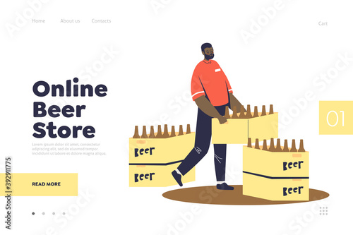Online beer store landing page with courier delivering beer in bottles and wood barrel