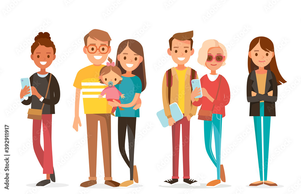 Big set group of diverse flat cartoon vector characters people couples, mom with kids in different poses standing together isolated on white background.Crowd people. Casualy looking dressed men women. Big set group of diverse flat cartoon vector characters people couples, mom with kids in different poses standing together isolated on white background.Crowd people. Casualy looking dressed men women.