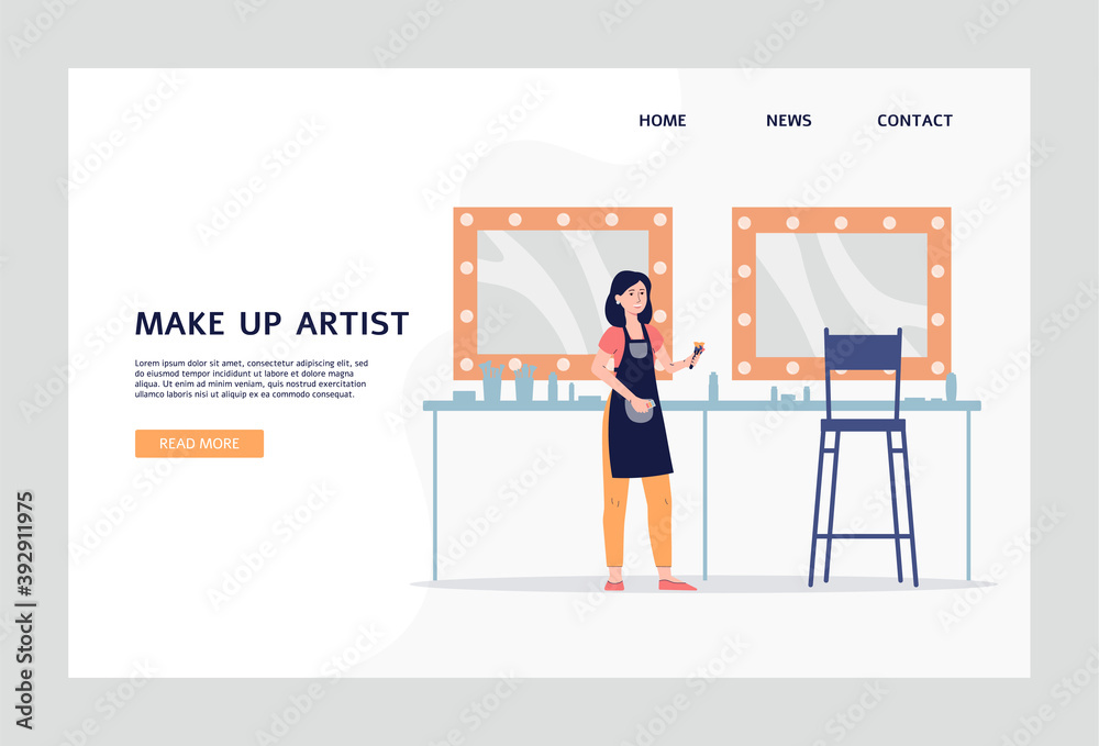 Web page template for site of makeup artist service, flat vector illustration.