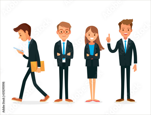Vector set of 4 four businessman office workers young business people standing with crossed arms, crossed, folded hands standing up straight in various poses,isolated illustration.Businessman got idea