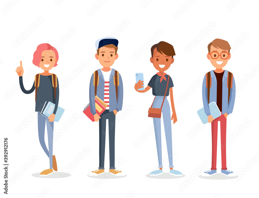 Vector set of diverse college or university students holding and reading books. Students different nationalities from different countries standing in line. Vector illustration. Flat design