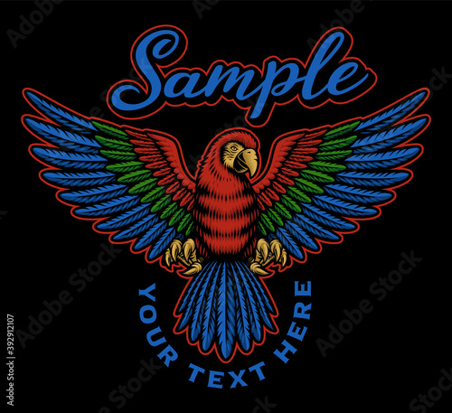 A colorful vector illustration of an Ara parrot on a dark background, this design can be used as shirt print as well as for many other uses