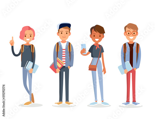 Vector set of diverse college or university students holding and reading books. Students different nationalities from different countries standing in line. Vector illustration. Flat design