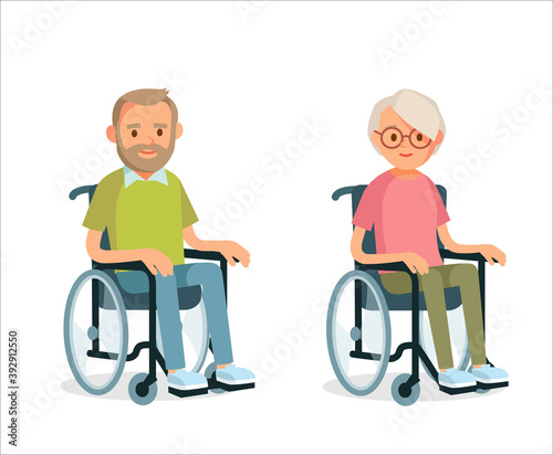 Seniors couple man and woman with disabilities sit in wheelchairs with gadgets. Handicapped person. Disabled diseased people.