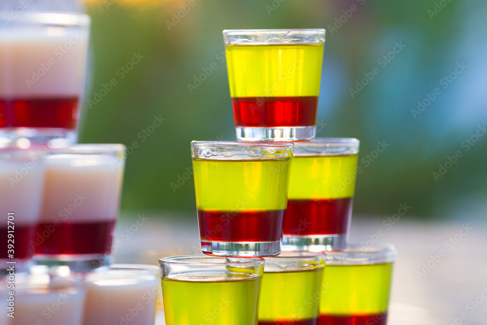 Close up view on colored glass shots