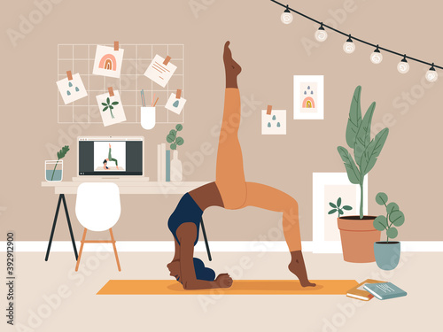 Young woman doing yoga exercise with video course in home. Cozy room interior background with laptop, plants, pictures, table and chair. Flat vector illustration.