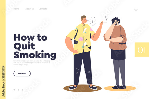 Quit smoking landing page concept with man smoking cigarette near coughing and covering face woman