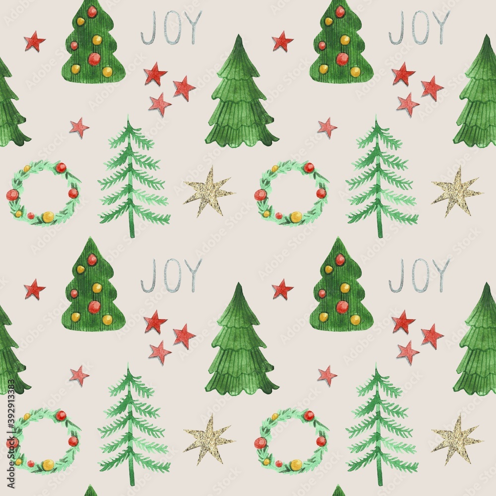 Watercolor pattern with Christmas trees, illustration.