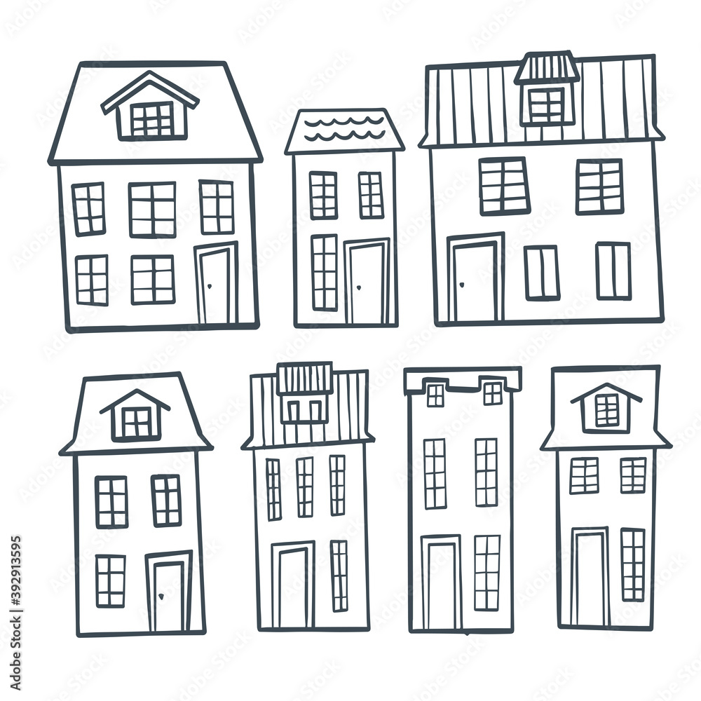 Set of old european houses isolated on vintage background. Hand drawn sketch in doodle style. Vector image, clipart, editable details. Fairytale houses for stickers or coloring books