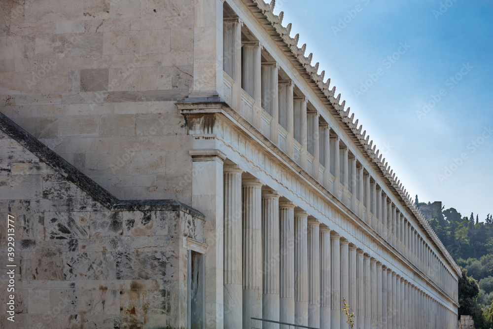 Athens Greece. Attalus stoa facade columns, blue sky, sunny day.