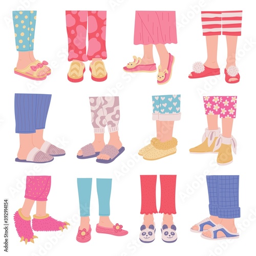 Set of legs in cosy home footwear and slippers flat vector illustration isolated.