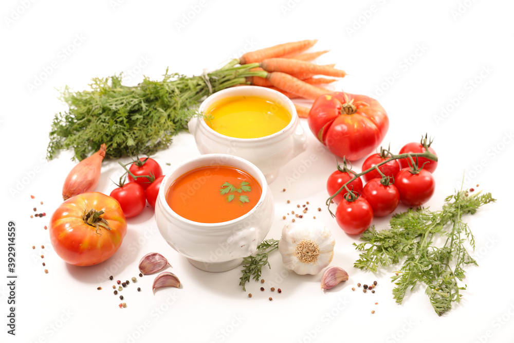 vegetable soup and ingredient isolated on white background vegetable soup and ingredient isolated on white background