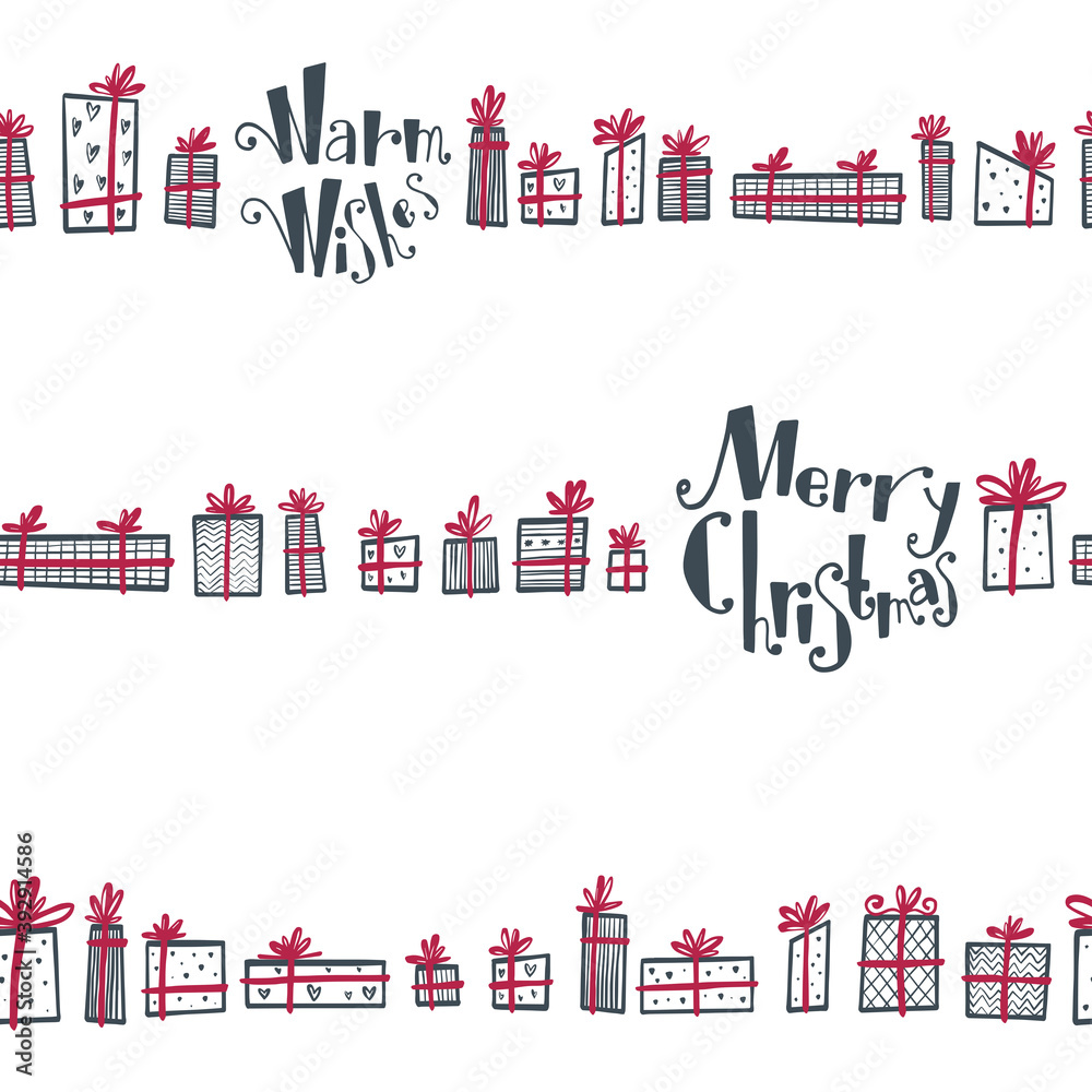 Pattern with hand-drawn Christmas presents. Illustration in a Scandinavian, minimalistic style. For backgrounds, packaging, textile and various other designs.