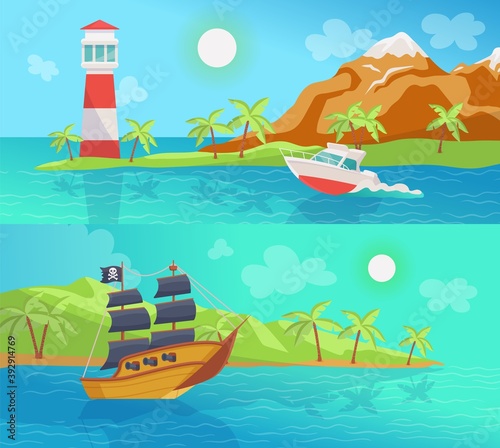 Marine banners with sea boats at summer backgrounds, flat vector illustration.