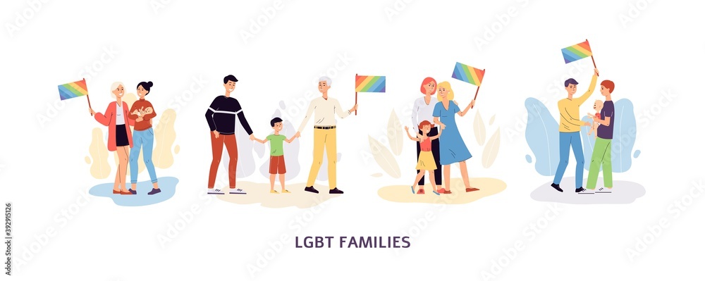 LGBT lesbians and gays family couples, flat vector illustration isolated.